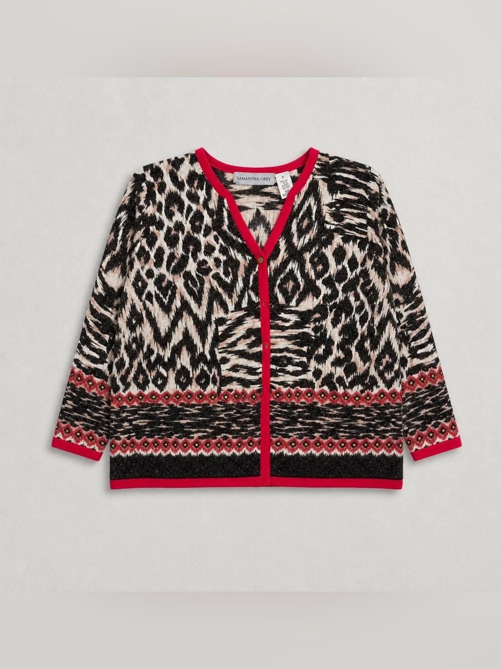 Samantha Grey Women's Red-Trim Animal Print Cardigan Sweater S
